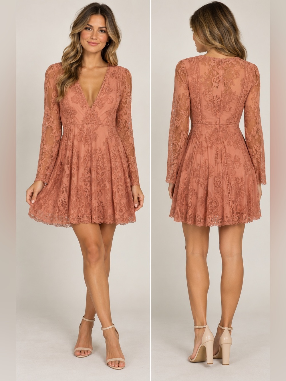 Honey Punch pink embroidered lace Bell sleeve Mini Dress